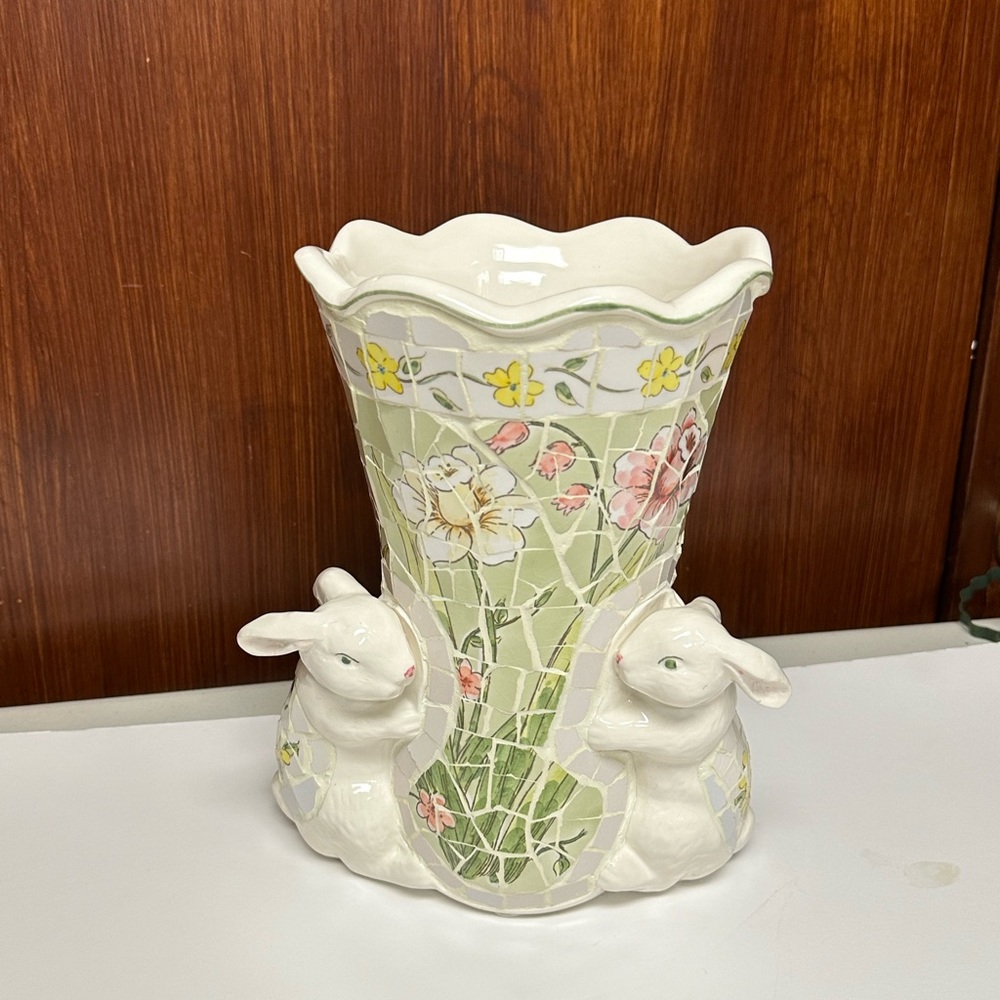 Vintage broken china mosaics Rabbits Floral vase